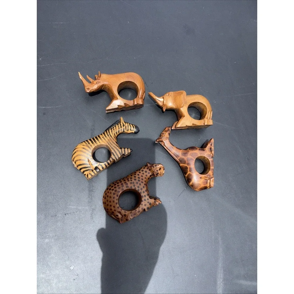 Safari Hand Carved Wooden  Napkin Rings Set Of 5